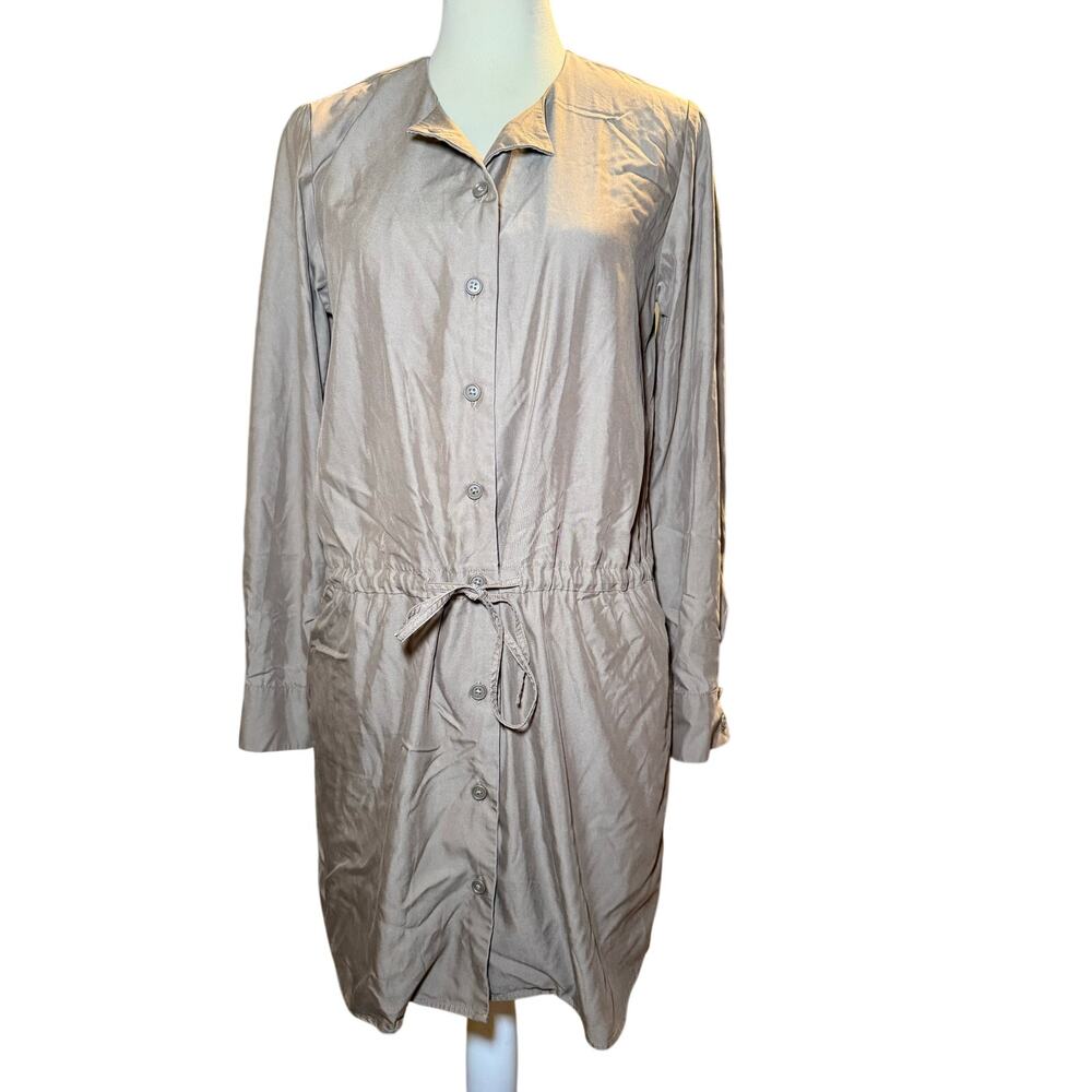 Uniqlo Drawstring Waist Long Sleeve Shirt Dress, Taupe, Minimalist, Size Small